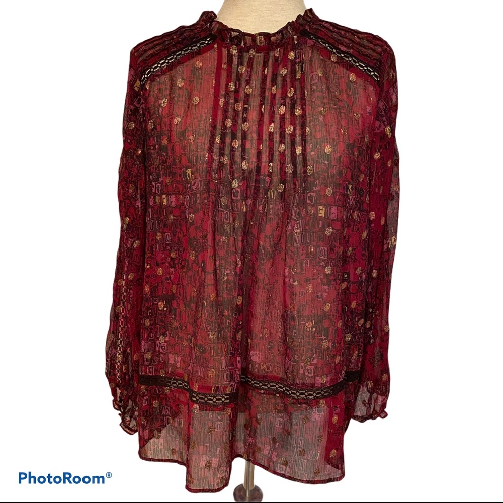 HD IN PARIS ANTHROPOLOGIE TOP BLOUSE TUNIC SHEER RED BLACK Size L